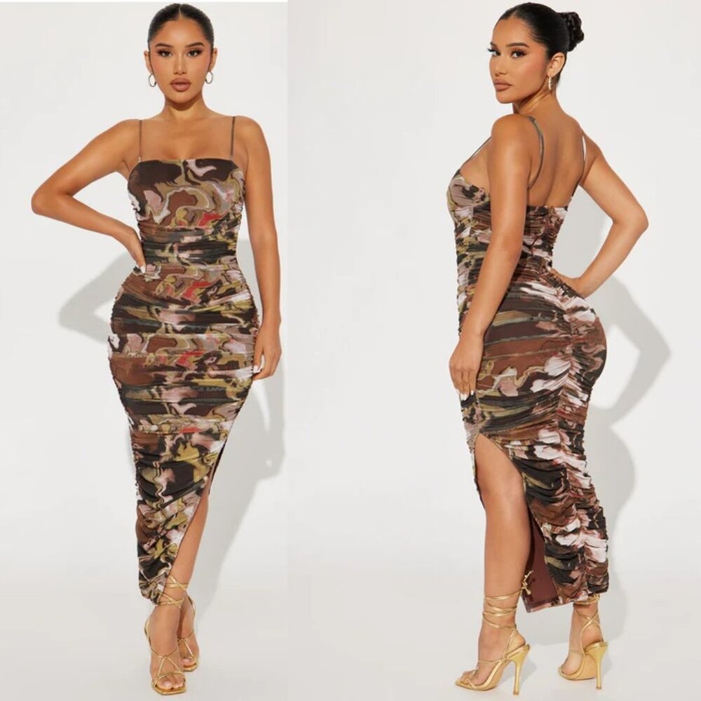 Ruched Mesh Maxi Dress